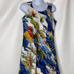 Vtg Kole Kole Hawaiian print shift dress sz 7 floral surfing ukulele